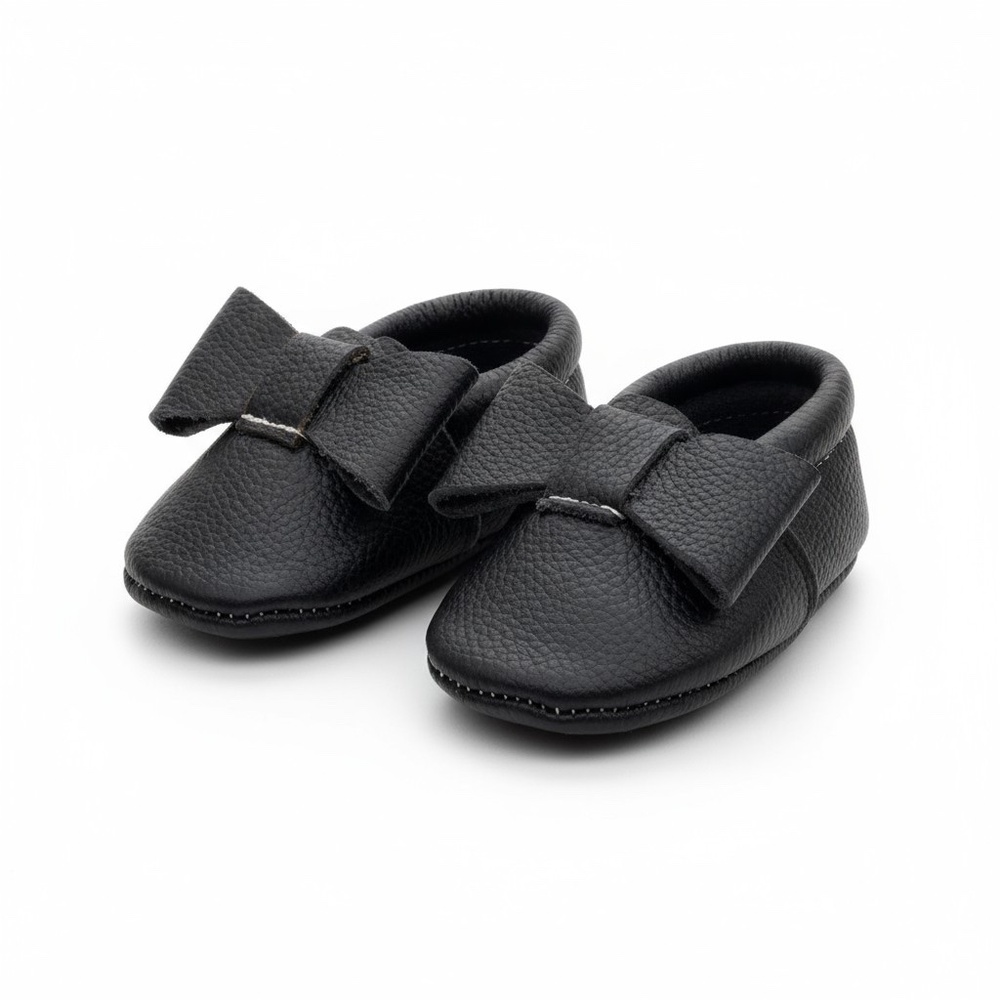MAC & LOU Black Bow Baby Moccasins (0–3 mo)